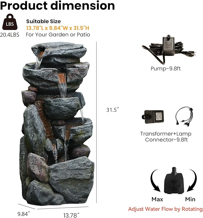 The 5-Tiered Rock Water Fountain Outdoor&Indoor, 31.5’’H Floor-Standing Garden Fountains, Stone Feature and Waterfall with Lights for Patio, Backyard, Deck, Porch, Home DéCor, Gray