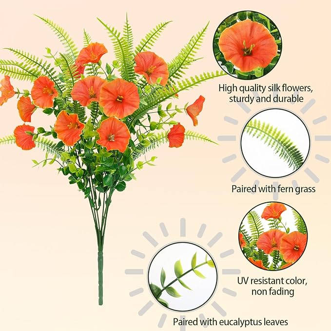HIAGROW Artificial Fall Flowers for Outdoors 12 Bundles Fake Mums Petunias Flowers UV Resistant Shrubs Plants with Fern for Indoor Outside Hanging Planters Home Garden Autumn Thanksgiving Decorations