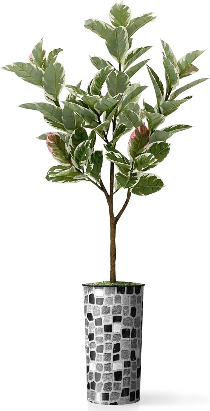Artificial Tree in Modern Geometric Pattern Planter, Fake Rubber Silk TRE for Indoor and Outdoor Home Decoration - 70" Overall Tall (Plant Pot Plus Tree)