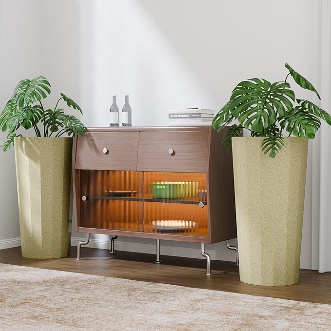 Diyfire 2PCS Tall Planters for Outdoor Plants, 23.6 Inches Large Outdoor Conical Flower Pots for Porch with Drainage Holes and Drainage Baffle, Tapered Large Planters for Garden, Balcony Use, Beige