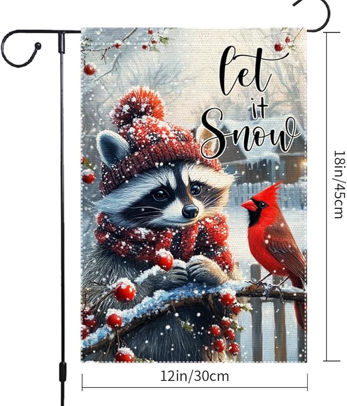 Winter Gardening Flag 12x18 inch Double-sided Cotton Fabric Garden Flag, Cute Red-Haired Bear Bird Snow Scene Outdoor Decor Flags, Christmas Winter Seasonal Welcome Flag