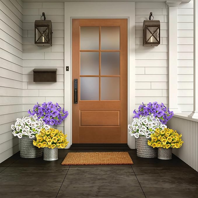 SupBri Artificial Flowers for Outdoor, UV Resistant Silk Fake Pansy Flowers, 12 Bundles Artificial Plants for Outdoor Planters Home Garden Office Patio Front (Yellow,Purple,White)