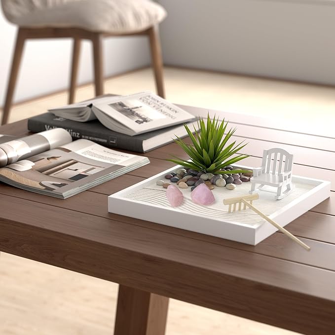 Cularve Zen Garden for Desk – White Modern Style with Healing Crystals and Sand Rake, Perfect for Home, Office, and Desktop Decor, Meditation and Stress Relief
