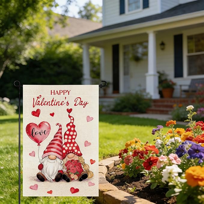 pretty_jessie Valentines Day Garden Flag 12x18 Inch Double Sided, Happy Valentine's Day Love Hearts Gnomes Burlap Yard Flag Anniversary Patio, Porch, Backyard Outdoor Decorations