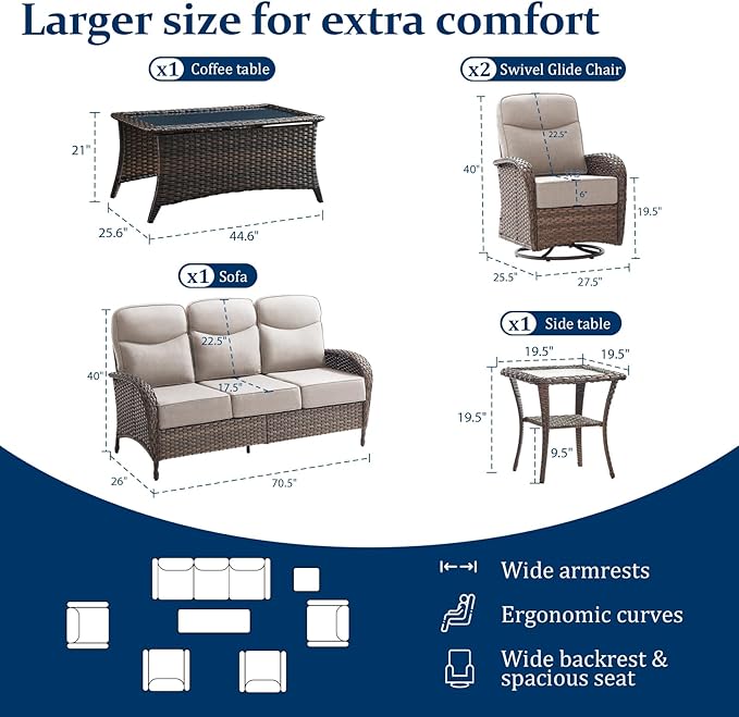 Outdoor Swivel Rocking Chair Patio Set (7-Piece), High-Back - Thick Cushion Swivel Rocking Chair Patio Set, All-Weather Wicker Patio Furniture Set, Suitable for Balcony Patios, Brown/Beige