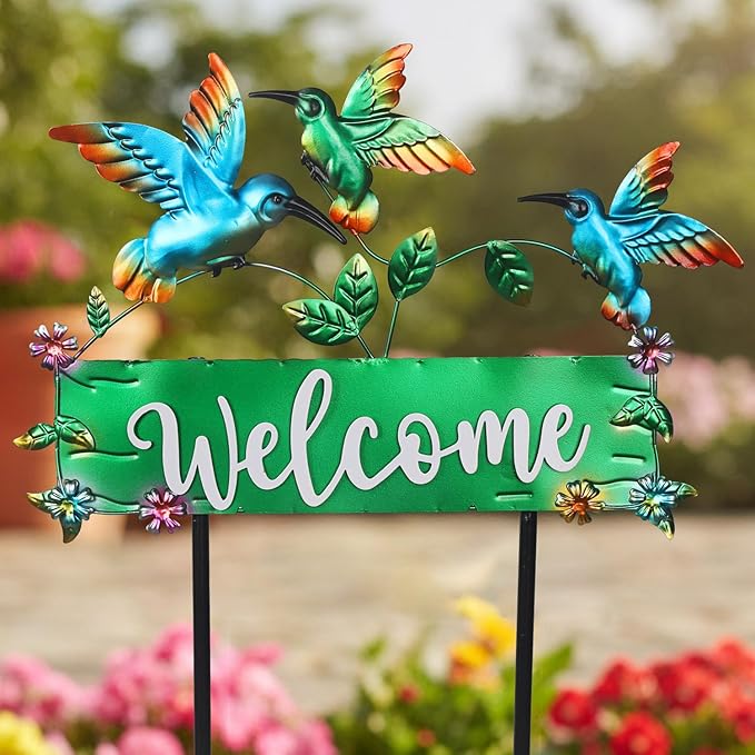 41.7inch Hummingbird Garden Stake for Yard, Lawn, Pathway, Hummingbird Outdoor Decor with Metal Welcome Yard Sign for Grandma's Garden Lawn Art Decorations