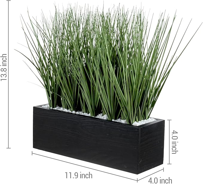 MyGift 12 Inch Artificial Green Grass Plants in Rustic Black Solid Wood Planter Box, Faux Greenery Plant Centerpiece in Decorative Rectangular Wooden Container