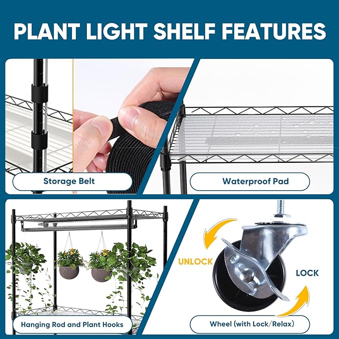 Plant Shelf with Grow Light, 4-Tier Metal Grow Light Shelf with Hanging Rod and Adjustable Rack,3-Pack 6000K T12 LED Full Spectrum Grow Lights for Seed Starting, Succulents, Built-in Timer