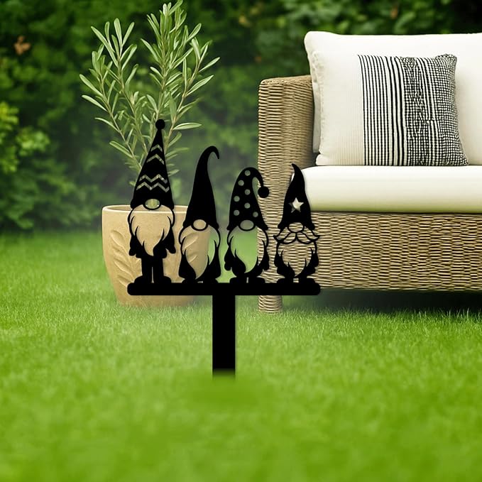 Magilab Personalized Iron Yard Stake - Christmas Cute Gnome Dwarves Decor, 8-Inch Black Metal Garden Sign for Outdoor (Style T)