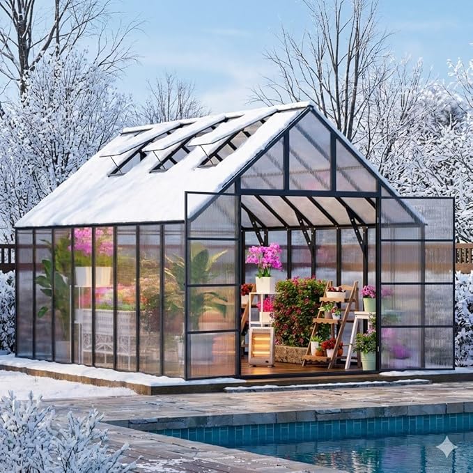 WACASA 10x16x10 FT Greenhouse for Outdoors, Large Thickened Aluminum Polycarbonate Greenhouse with 3 Vent Windows, Swing Door and T-Connector Frame, Walk-in Greenhouse for Backyard Garden