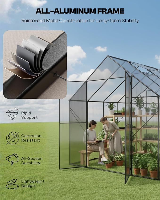 8x12 FT Greenhouse, Outdoor Greenhouse with Aluminum Frame, Polycarbonate Greenhouse for Outdoors with Roof Vent, Walk in Greenhouse for Outside Garden Backyard, Patio, Lawn (Black)