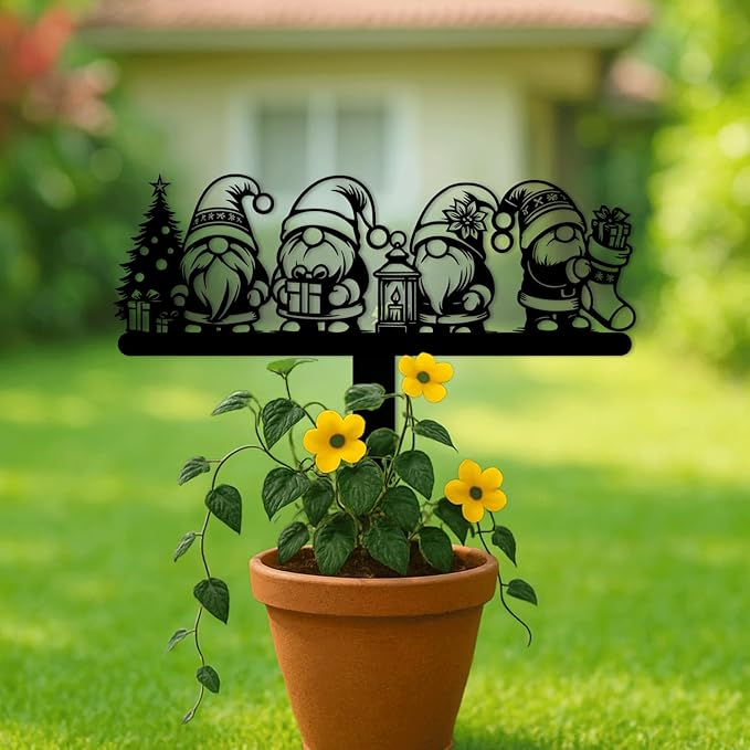 Magilab Personalized Iron Yard Stake - Christmas Cute Gnome Dwarves Decor, 8-Inch Black Metal Garden Sign for Outdoor (Style Q)