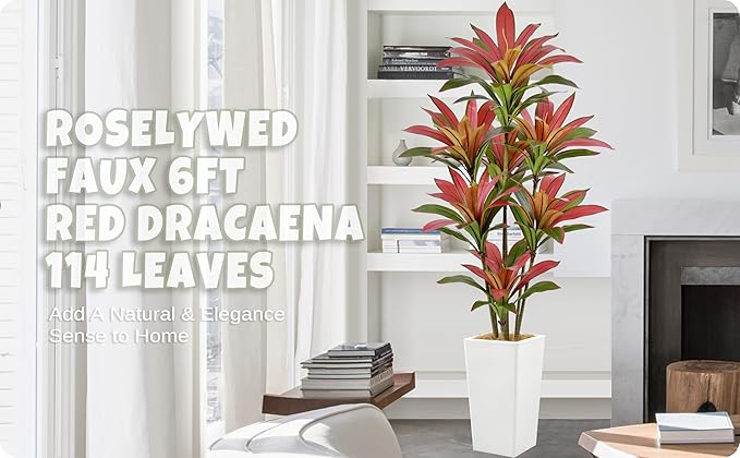 Roselywed Artificial Red Dracaena Tree 6FT with 114 Leaves & 7 Heads & White Tall Planter Cover with Coconut Fiber Tall Faux Tropical Silk Bicolor Plant 72 Inch for Indoor Home Office Porch Mall Decor