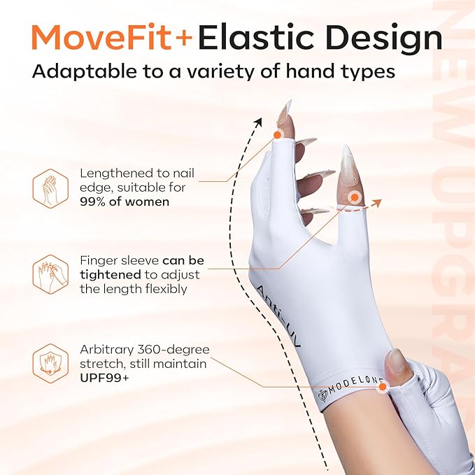 Modelones Premium UPF99+ UV Protection Fingerless Gloves for Gel Manicures, UV/LED Gel Nail Lamp, Nail Art Skin Care, Hand Protection (White)