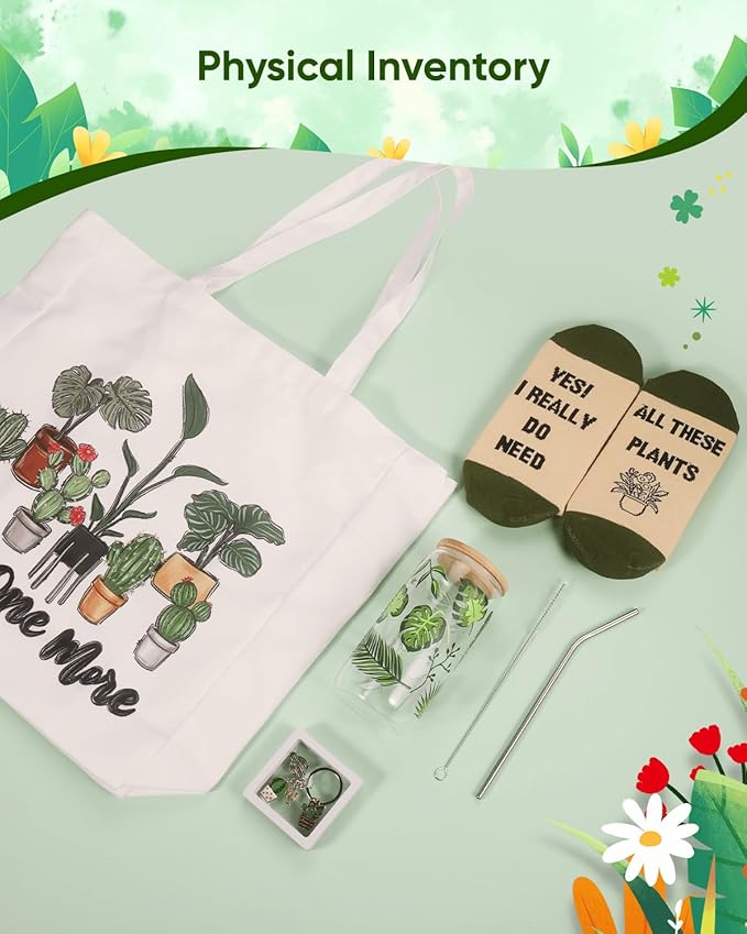 TAOVEEK 4 PCS Plants Lovers Gifts for Women, Plant Lady Mom Gardening Gifts for Birthday Christmas, 16oz Glass Cup Canva Tota Bag Plant Keychain Socks Gift Box