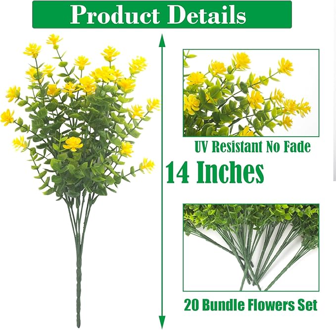 Grunyia 20 Bundles Artificial Flowers UV Resistant Fake Flowers No Fade Faux Plants Garden Porch Window Box Decorating (Yellow)