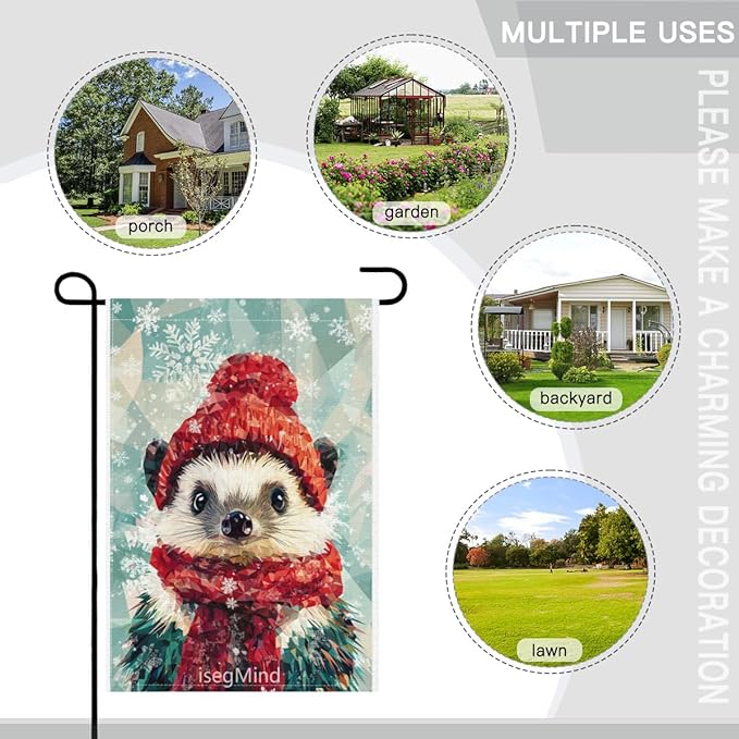 Hedgehog with Red Scarf and Hat Snowflake Christmas Garden Flag, 28x40 Inch Double Sided Linen Holiday Red Winter Farmhouse Yard Outdoor Decoration (4341)