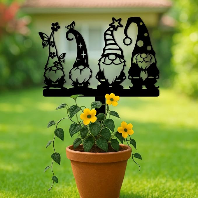 Magilab Personalized Iron Yard Stake - Christmas Cute Gnome Dwarves Decor, 8-Inch Black Metal Garden Sign for Outdoor (Style E)