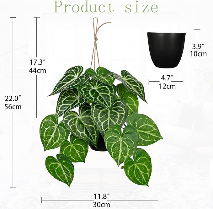 Fake Hanging Plant in Black Pot Artificial Syngonium Podophyllum Plant Faux Greenery Leaves for Wall Bedroom Office Desk Bathroom Indoor Outdoor Home Decor