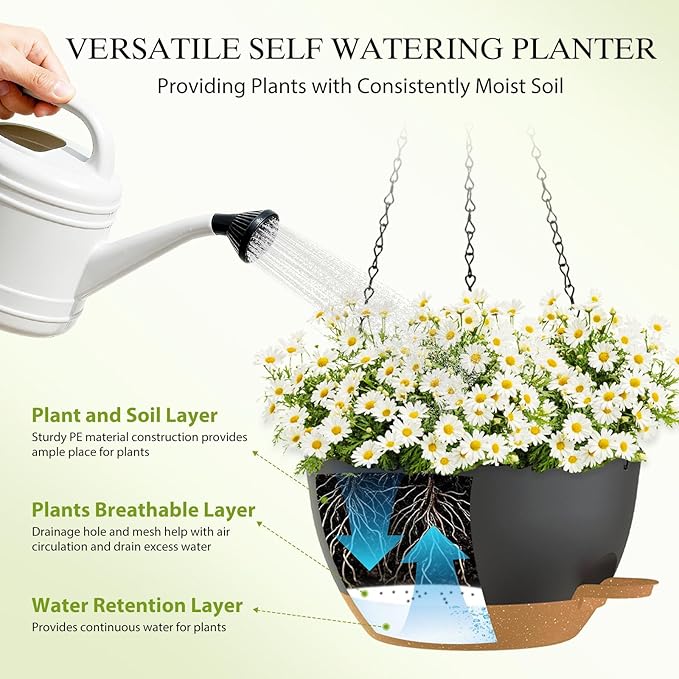 SQKH 10 Inch Hanging Baskets 2 PC with Chains, Self-Watering Hanging Planters for Indoor Outdoor Plants, Plastic Hanging Flower Pots,Black Brown