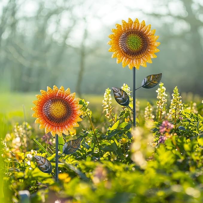 Metal Sunflower Garden Stakes Decor,2 Pack 39" Flower Garden Stake for Outdoor Home Garden Backyard Lawn Pathway Patio Sunflower Sticks Decor