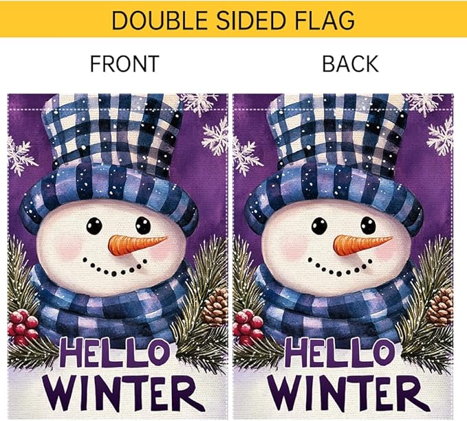 Winter Garden Flag 12x18 Inch Double Sided Small Burlap Outdoor Seasonal Decoration Cute Snowman Design with Plaid Hat and Scarf Hello Winter Welcome Flag for Yard Patio Front Porch