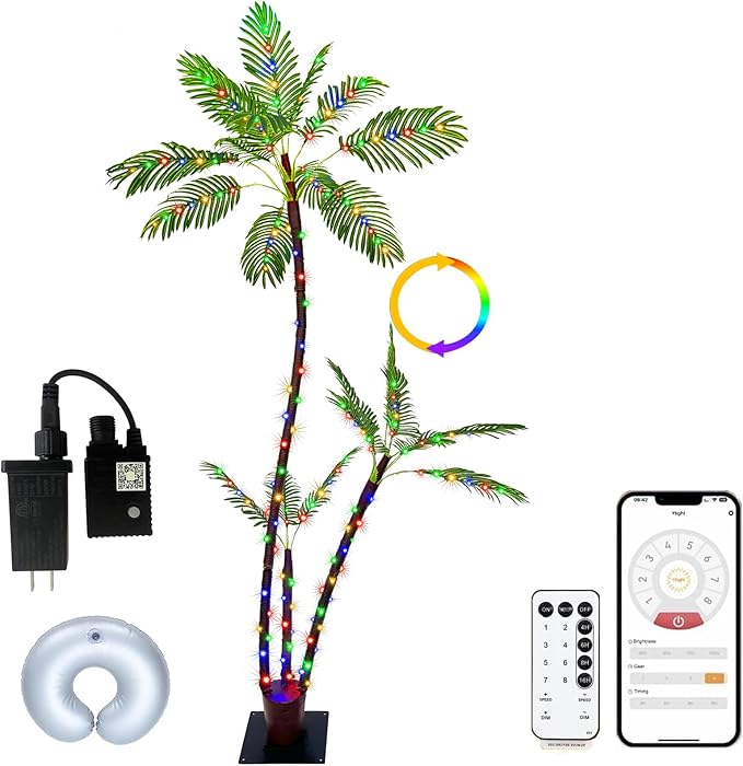 SOSHOT 6FT Lighted Artificial Palm Tree with Three Trunks and 212 LED Lights with Remote Control and App Waterproof for Tiki Bars, Patios,Beaches,Yards Pool, Cruise Party-Warm White to Multicolor