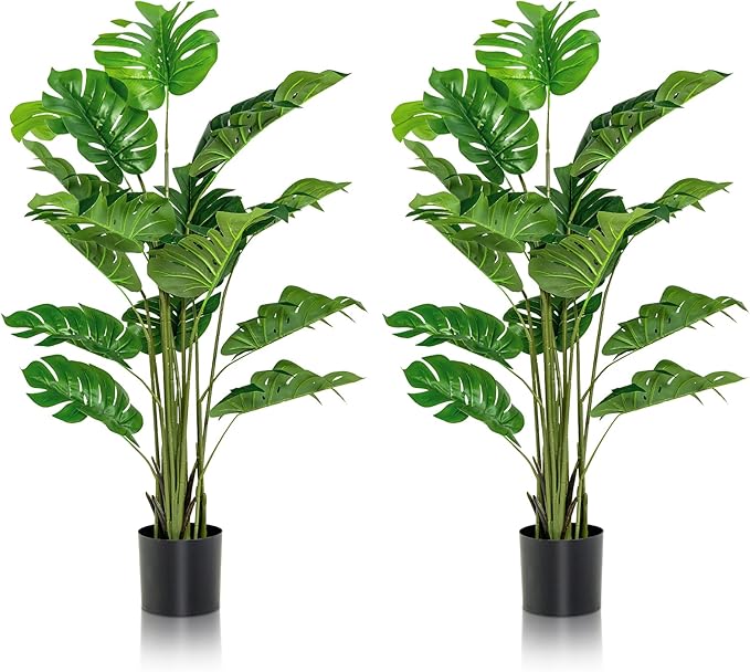 Goplus Artificial Monstera Deliciosa Plant, 5ft Tall Fake Tropical Palm Tree w/15 Pcs Different Turtle Leaves, Cement-Filled Plastic Pot, Faux Swiss Cheese Plant for Floor Home Office Decor, 2- Pack