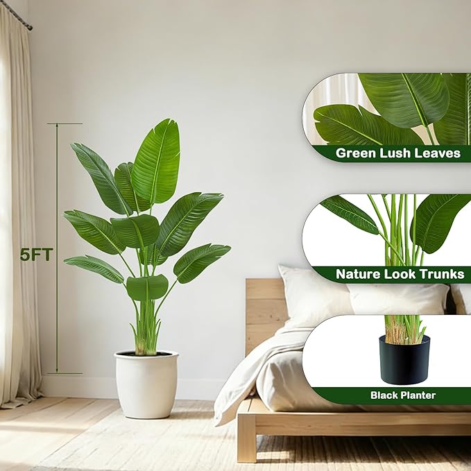 Birds of Paradise Plant Artificial, 5FT Fake Plants Faux Banana Leaf Tree with 10 Banana Leaves, Lifelike Tall Fake Tropical Palm Indoor Silk Floor Plant in Black Pot for House,Office,Room,Home Decor