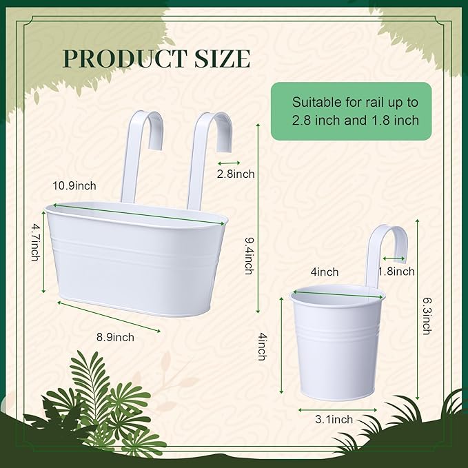 Romooa 16 Pcs Hanging Flower Pots Planters for Outdoor Metal Iron Wall Flower Planter Baskets for Railing Fence Balcony Garden Yard Home Indoor Decoration with Detachable Hooks(White)