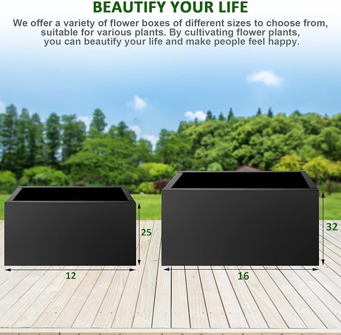 Meyoppm Metal Planter Box 32"x16"x16", Rectangular Steel Planter Box Frost Proof Rust Resistant Indoor&Outdoor, Heavy Duty Steel Planter for Commercial and Residential Use