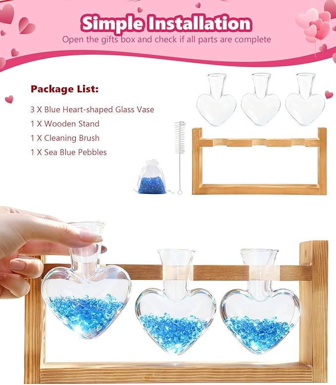 Nacome Plant Terrarium Propagation Stations: Valentines Day Gifts for Her Plant Lovers Women Mom Wife Daughter - 3 Bulb Glass Vase with Wooden Stand Tabletop for Hydroponics Indoor Office Home Decor