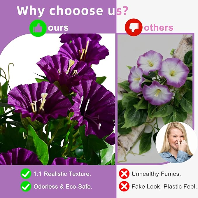 Morning Glory Artificial Hanging Flowers for Outdoors 3 Pcs Fake Petunias Flower Faux Silk Long Trailing Vines Realistic Flower for Front Door Porch Patio Balcony Garden Yard Decor (3 Pcs Dark Purple)