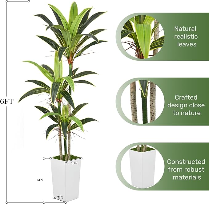 Aritificial Dracaena Tree 6FT Faux Floor Plant in Tall White Pot with Realistic Trunks and 46 Leaves Fake Tropical Yucca Plant for Home Office Decor Indoor Housewarming