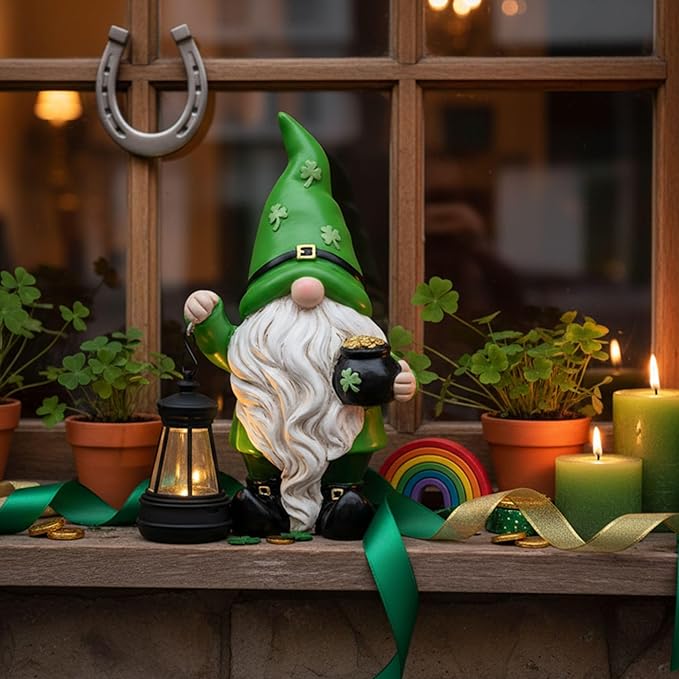 TERESA'S COLLECTIONS St Patricks Decorations for Outdoor Decor, Resin Garden Gnome Holding Lantern with Solar Lights for Porch,Shamrock Leprechaun Figurine for Outside, Irish Gifts for Home,10"