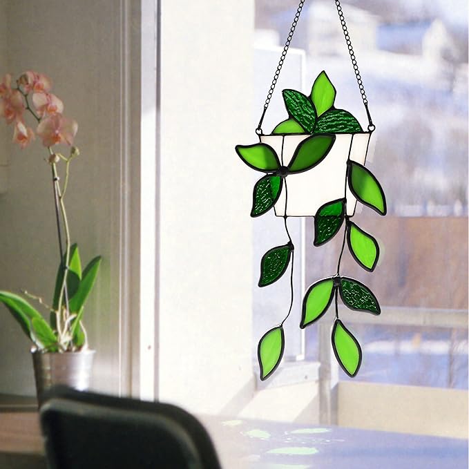BOXCASA Stained Glass Window Hanging for Plant Lovers,Handmade Green Plants Artificial,Suncatcher Plant Gifts for Women,Grandma,Mother's Day,Christmas