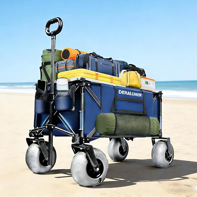 Beach Cart with Big Wheels for Sand, 35"L Heavy Duty Folding Beach Wagon with 9×4" Balloon Tires, All Terrain Utility Cart for Garden, Sports, Camping, Outdoor (Sand Rover X800-BS,Navy Blue)