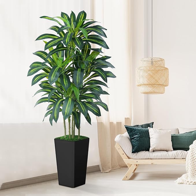 Keeplush 6FT Artificial Dracaena Tree - High-Density Foliage Fake Plant with Black Tall Planter - Faux Yucca Floor Plant for Home Office Decor Indoor