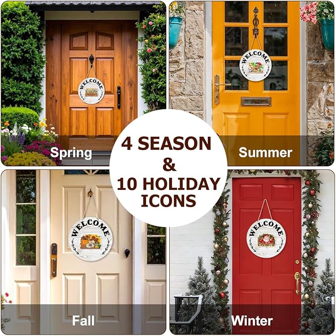 Interchangeable Seasonal Welcome Sign Valentine's Day Front Door Decoration, Rustic Round Wood Wreath Porch Decor, Changeable Welcome Sign for Spring Summer Fall Winter All Seasons Holiday, White