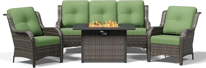 Joyside 4 Piece Wicker Patio Furniture Set with Fire Pit Table, Rattan Patio Chairs with High Back, Deep Seating, Wide Armrest, Thickened Cushions, Outdoor Furniture for Deck, Porch Use