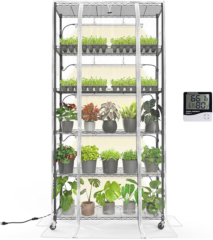 Bstrip Indoor Greenhouse with Grow Light, Mini Green house with 5 Pack T8 Full Spectrum Plant Lights, Plant Shelf with Tent for Indoor Plant, Seed Starting, Seed Tray, 35.4"x13.8"x71"