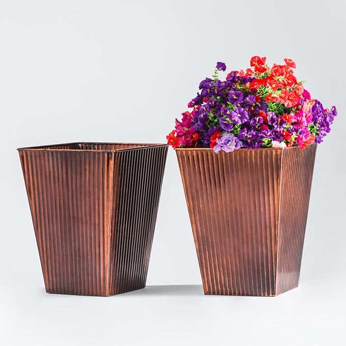 UltiTeque 18in Antique Copper Hand-Hammered Tapered Metal Planter Set of 2, 14in Dia Galvanized Steel Plant Pots with Drainage Hole & Rubber Plug for Indoor Porch Decor, Home Gardening Gift