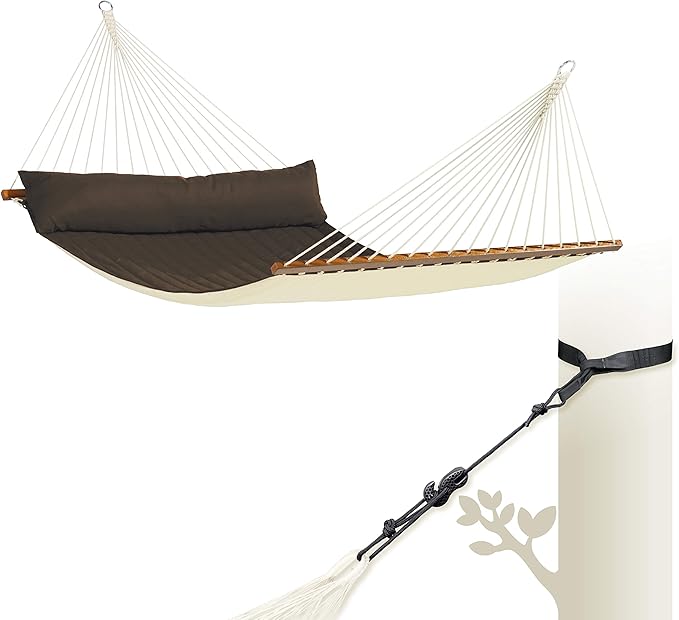 LA SIESTA® Alabama Quilted Hammock with Spreader Bar & TreeMount, Fabric Tree Hammock with Tree Straps for Beams Posts - Weatherproof Outdoor Hammock - 2 Person Double Hammock Bed - XL King, Arabica