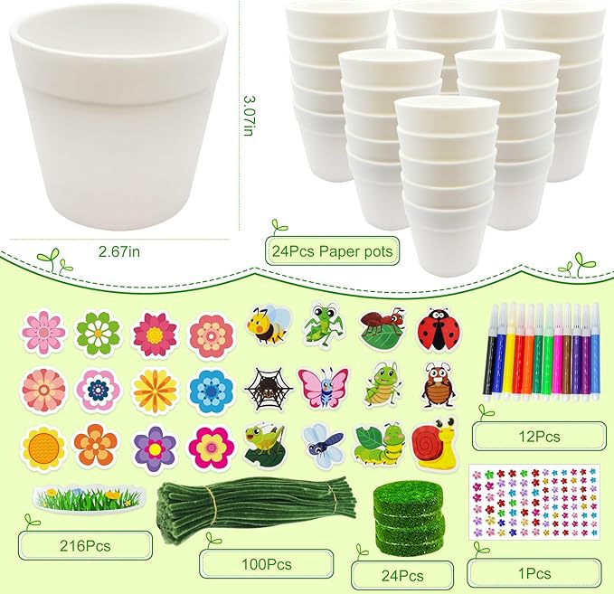 Cinrobiye 24 Set Garden Plastic Pot Craft Kit，DIY Flower Plant Crafts with Adhesive Foam Stickers, Pipe Cleaners, Flower Growing Kit for Spring & Summer, Home & School Creative Art Project Activities