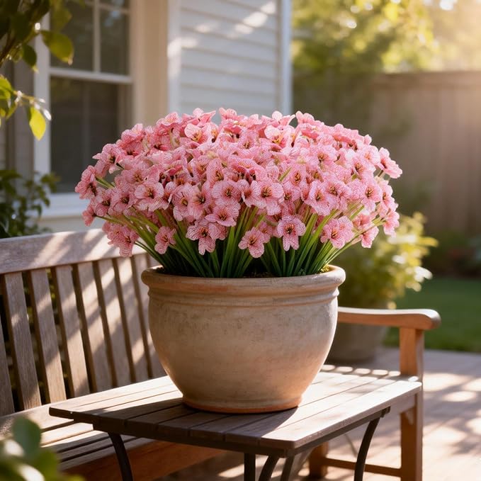AmyHomie 20 Bundles Artificial Flowers for Outdoor Outside Spring Summer Decoration UV Resistant Faux Flowers No Fade Fake Plastic Plants Garden Porch Window Box Decorating (Pink)