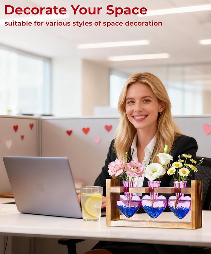 Nacome Plant Terrarium Propagation Stations: Valentines Day Gifts for Her Plant Lovers Women Mom Wife Daughter - 3 Bulb Glass Vase with Wooden Stand Tabletop for Hydroponics Indoor Home Decor(Purple)