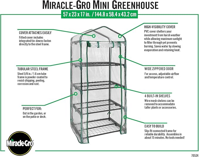 Miracle-GRO 23" x 17" x 57" All-Season 4-Tier Mini Grow House Outdoor or Backyard Easy Assembly Portable Greenhouse, Translucent
