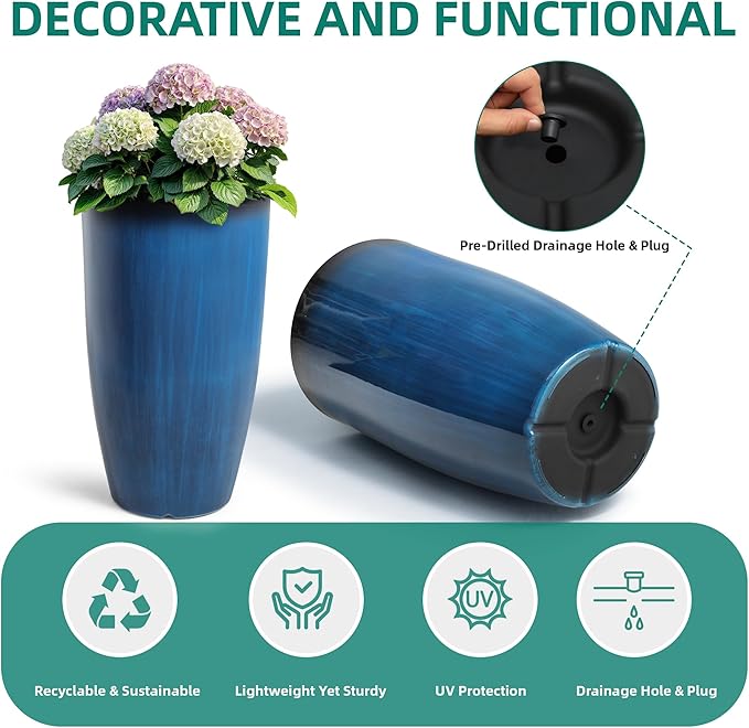 Ultym 23.75" Round Tall Planters, 2-Pack Large Flower Pots for Indoor Outdoor Plants, UV-Protect PP Container for Garden Patio Yard Balcony Porch or Home Decor, Artistic Floating Cobalt Blue Glaze