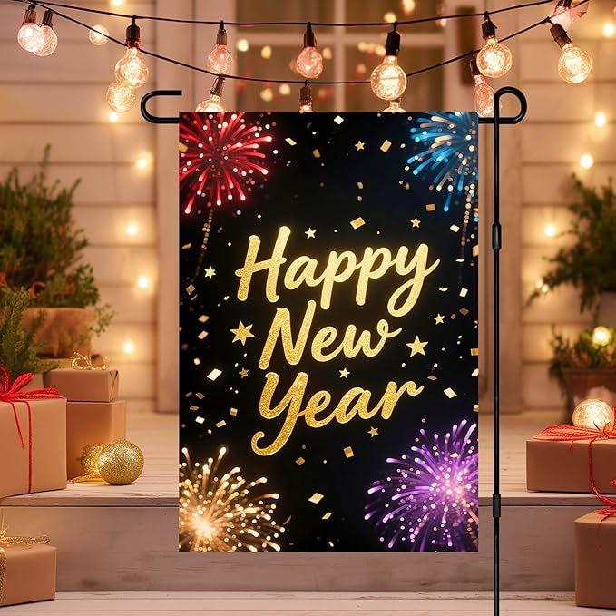 Happy New Year Garden Flag 12x18 Inch Double Sided Celebration Flag Banner Outdoor Yard Decoration for Home Lawn Porch House Seasonal Holiday Welcome Garden Flags