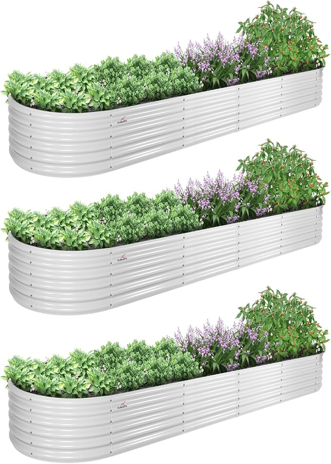 A ANLEOLIFE 3 Pcs 12X3X1.5 ft Oval Extra Large Galvanized Raised Garden Beds Outdoor for Planting Vegetables Flowers Herb, Antique White